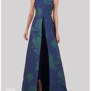 Kay Unger Navy and Teal Floral Maxi Dress / Jumpsuit